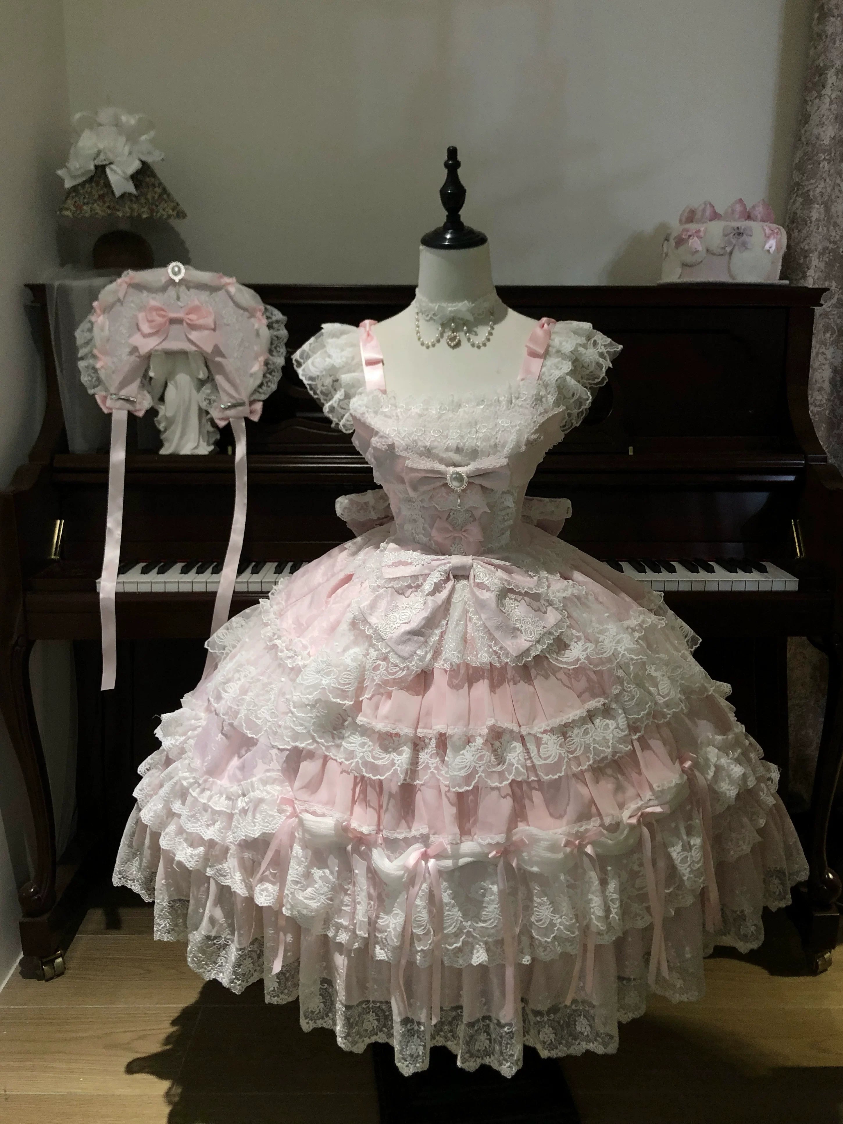 Eternal Floral Whisper - Sweet Lolita Tiered JSK Dress with Lace