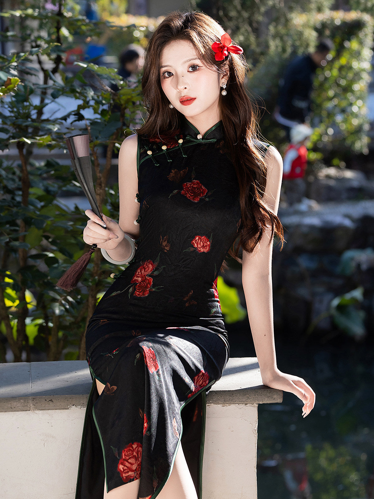 Sleeveless Floral Long Cheongsam | Burgundy Rose