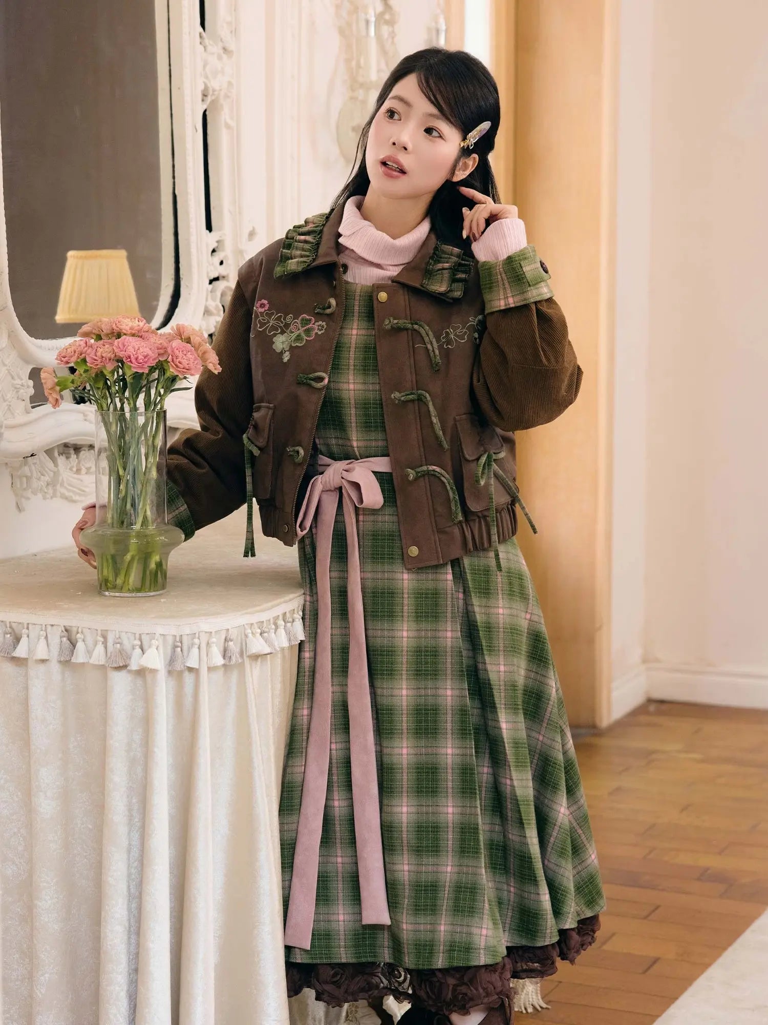 New Chinese Style Plaid Vintage Jacket with Dress - Honey Four Leaf Clover 蜂蜜四叶草