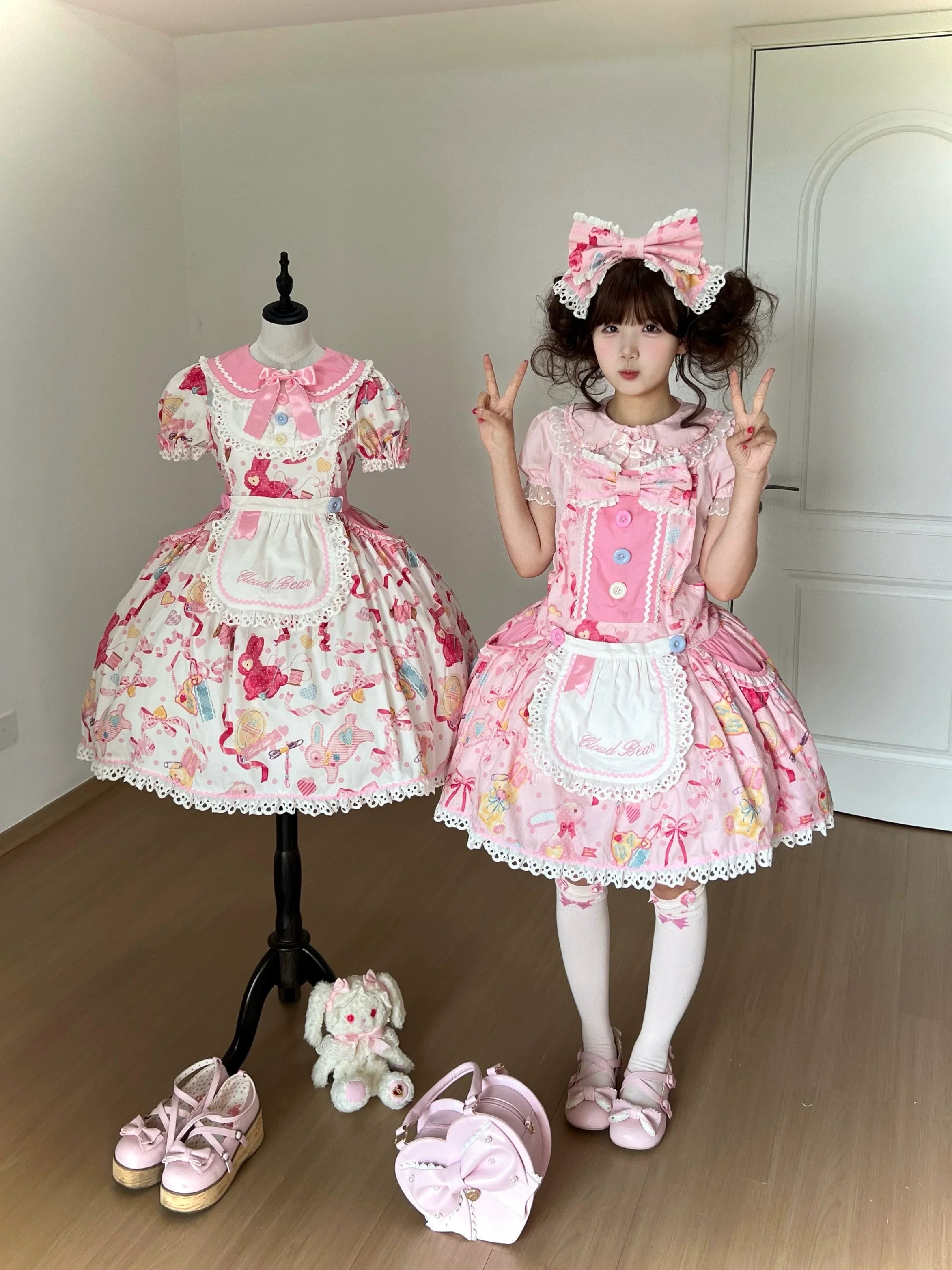 Little Bunny Tag - Sweet Lolita Bunny Printed OP & Salopette, Detachable Apron