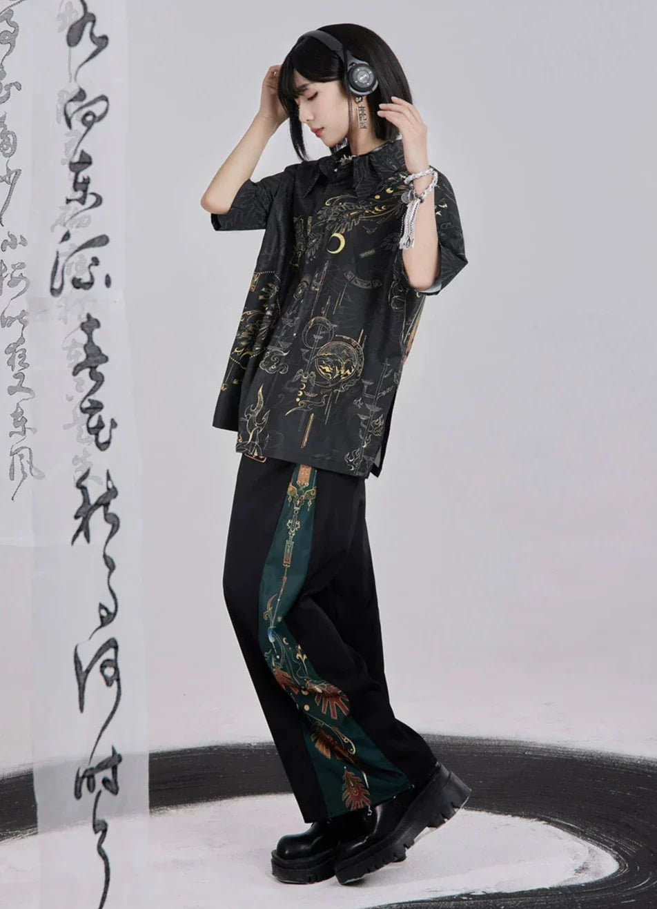 Bronze 青铜 - New Chinese Style Printed Shirt Wide Leg Pants Outfit