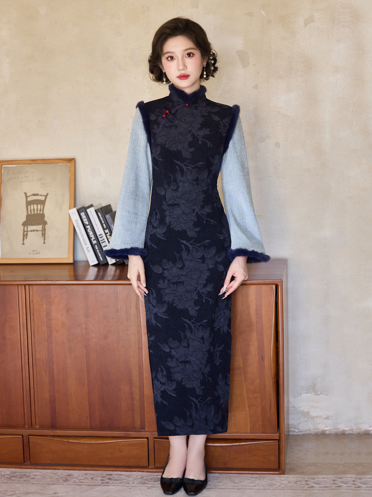 Long Sleeve Fur Trim Floral Qipao | Slow Days