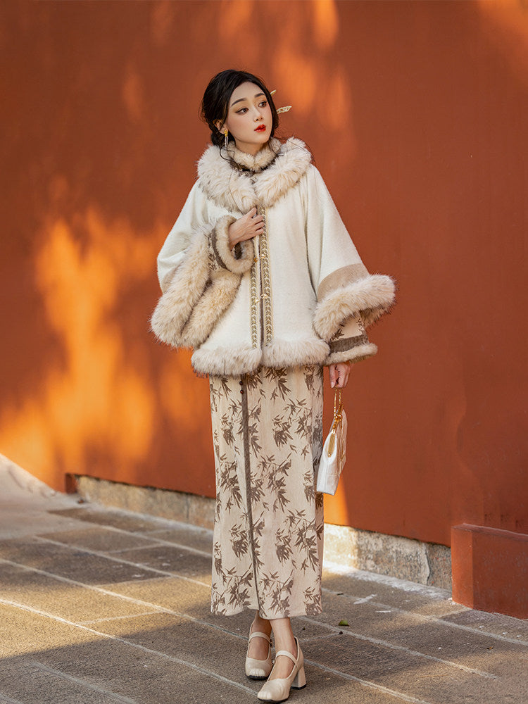 New Chinese Style Chenille Velvet Long Sleeve Cheongsam Dress and Jacket for Winter - Zhaojun 昭君 (Preorder)