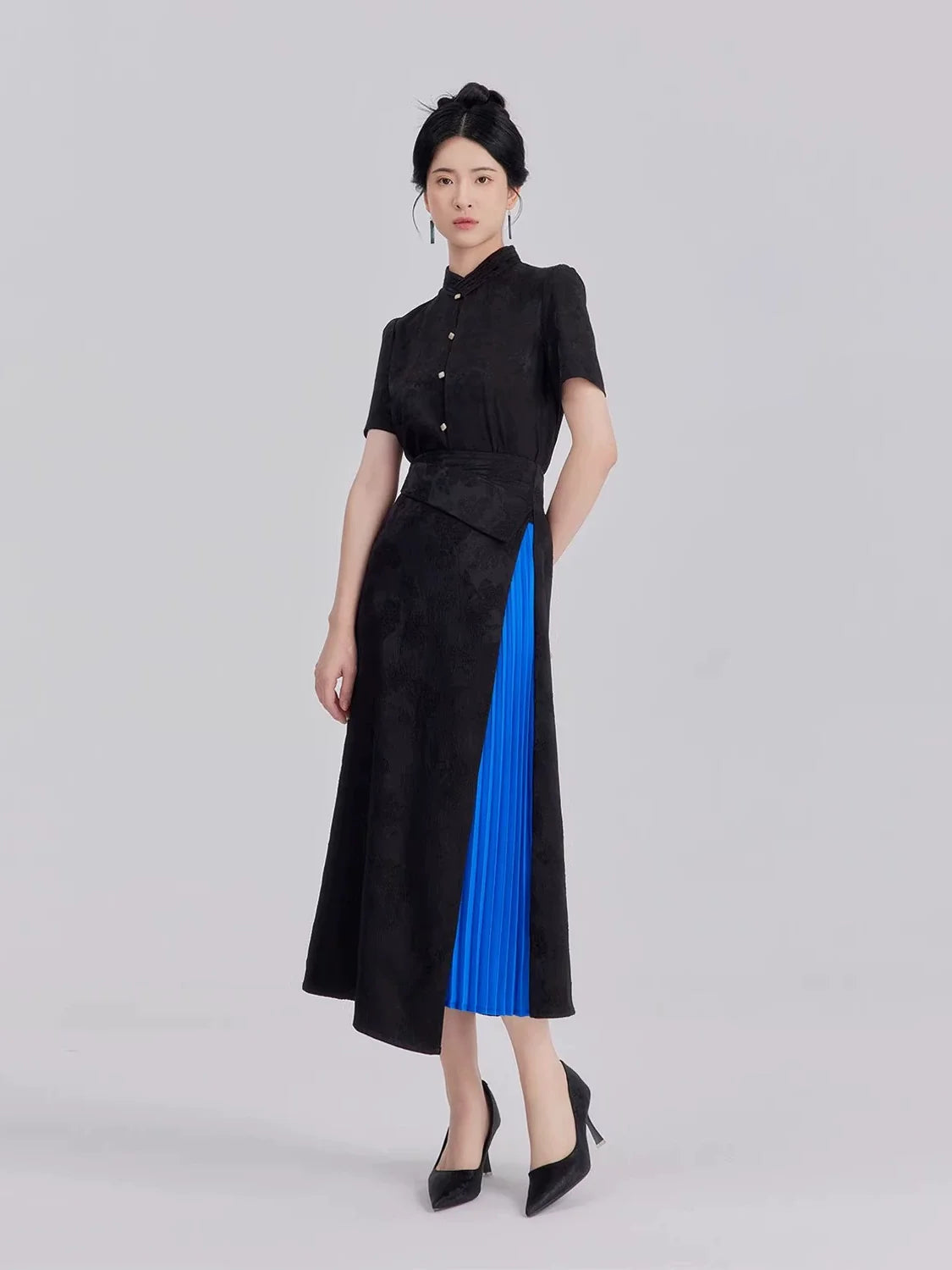 New Chinese Style Women Cropped Jacquard Shirt & Asymmetrical A-Line Skirt - Nocturne 静夜曲 (Preorder)