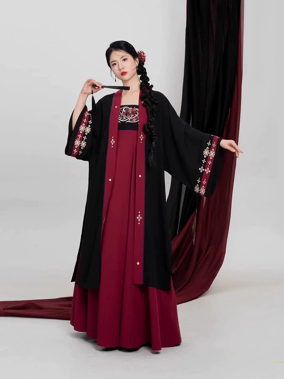 Tang Dynasty Modern Hanfu Set Changgan Temple Beizi and Slip Dress - Crimson Scarlet 绛百合 (Preorder)