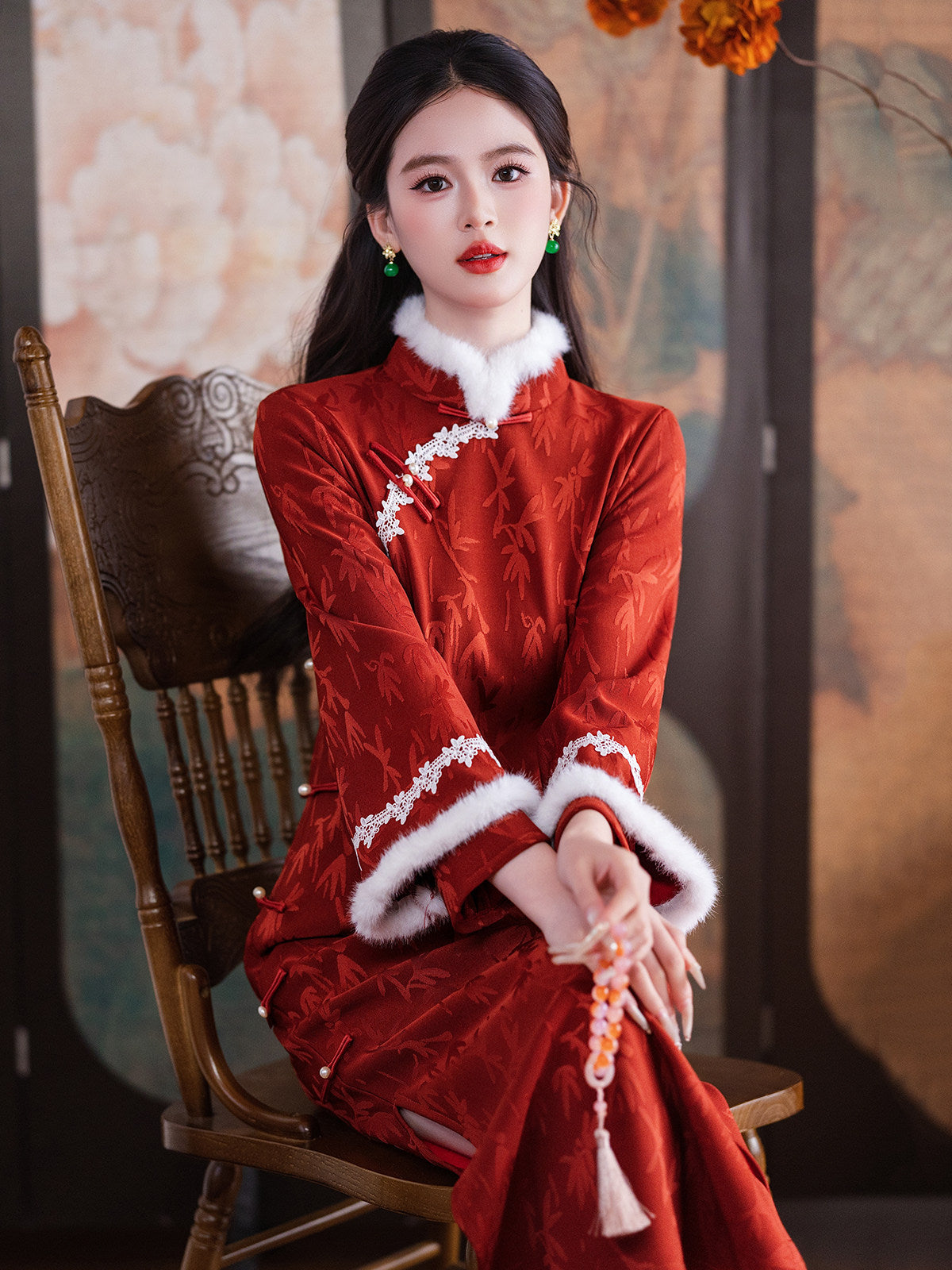 Chinese Wedding Engagement & Tea Ceremony Long Sleeve Cheongsam | Qiluo