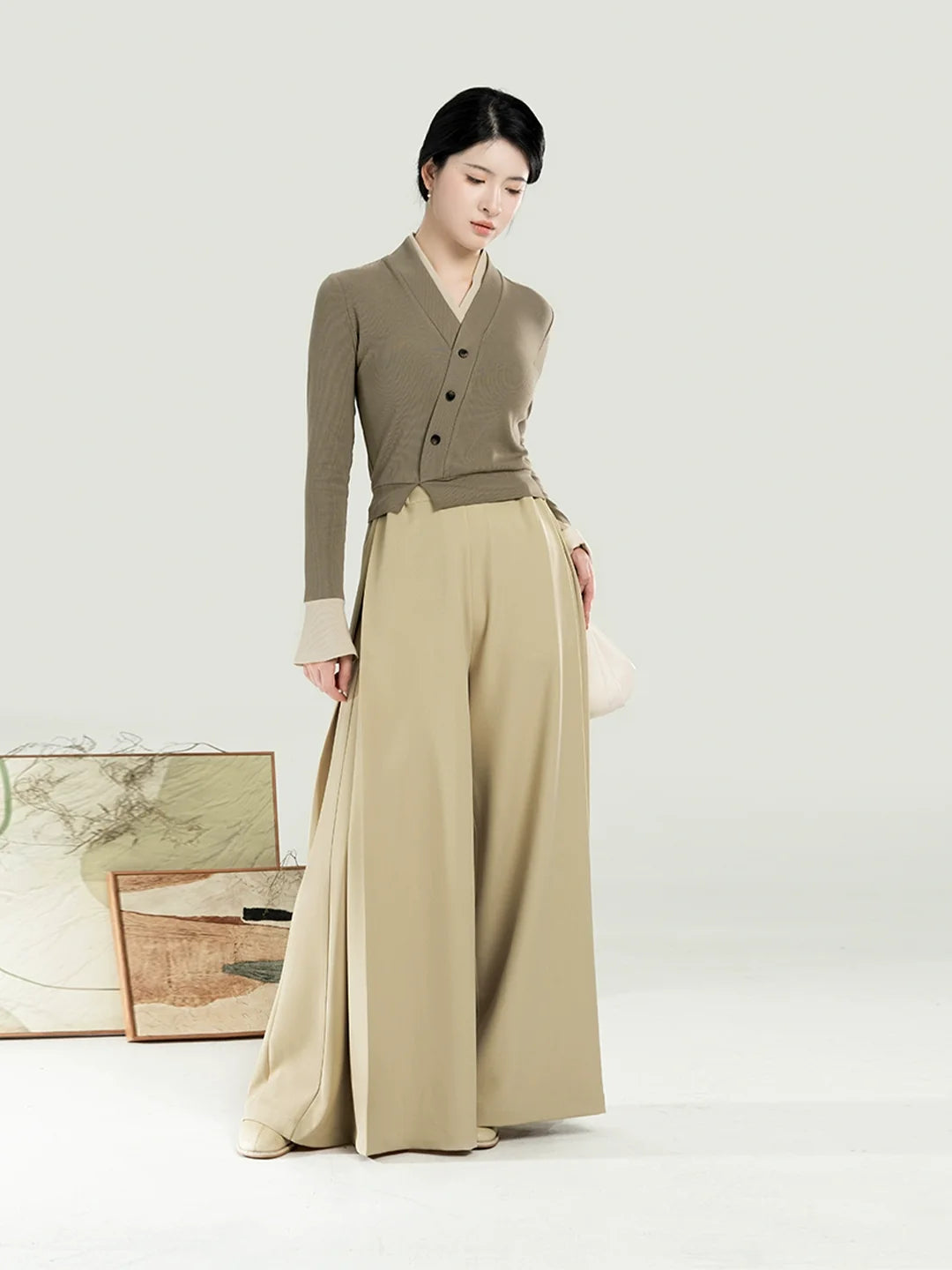 New Chinese Style Women Knitted Top with Palazzo Pants Set - Chunming 椿茗 (Preorder)