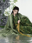 Zhuyu 竹玉 - Green Song Dynasty Hanfu Bamboo Leaf Print Beizi Robe & Pants Set