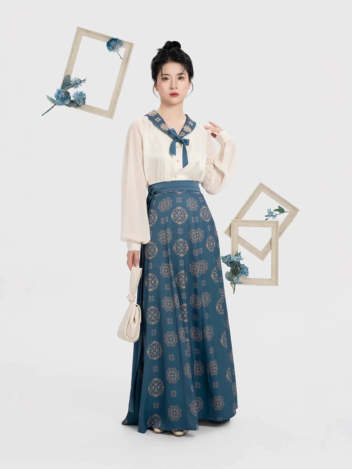 Tang Dynasty Modern Hanfu Set with Beizi Overlay & Flowing Nine-Panel Skirt - Dailan 黛蓝 (Preorder)