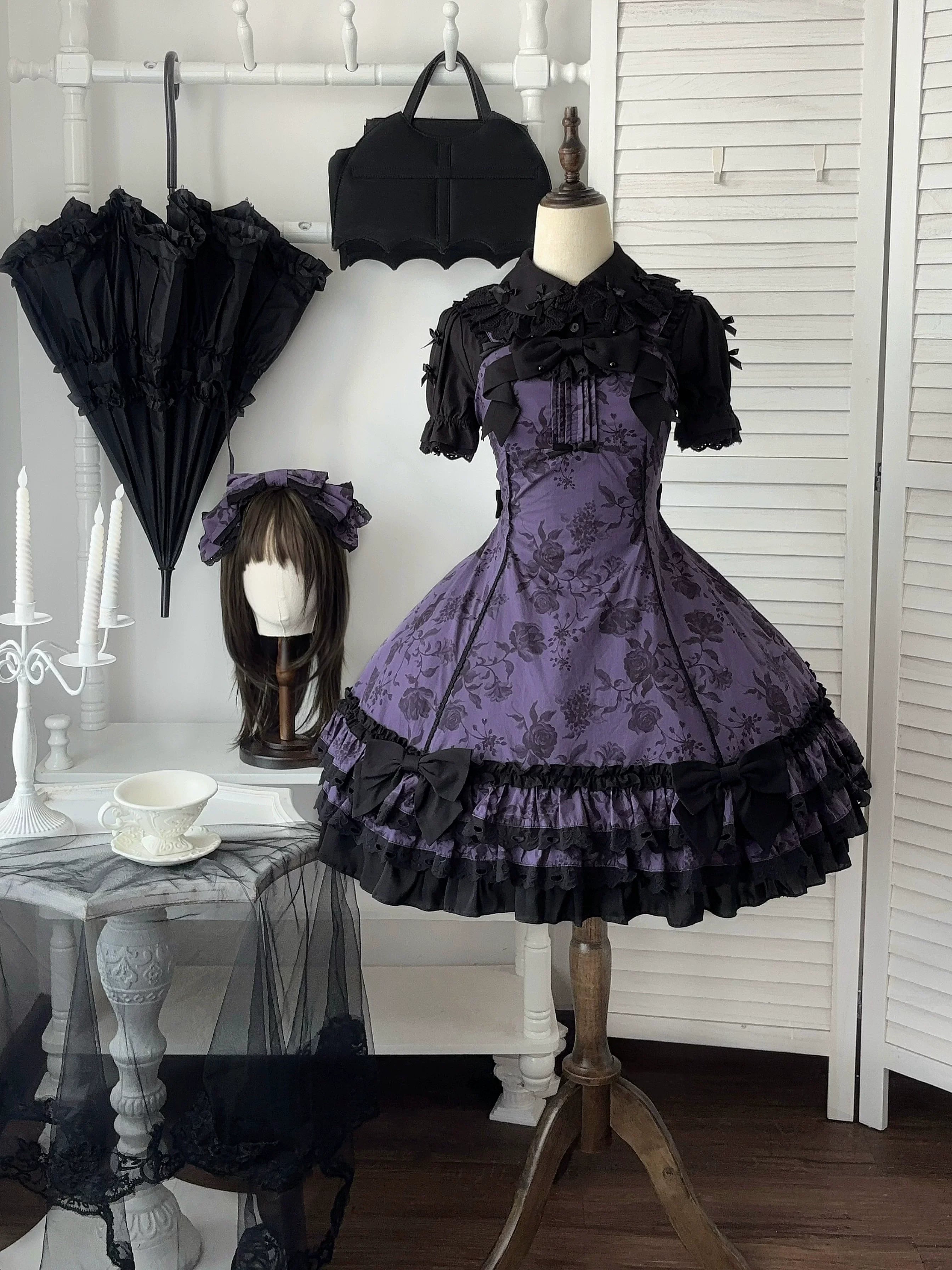 Bliss Bouquet - Cotton Old School Lolita Dress, Rose Print and Layered Hem
