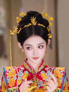Glimmer of Red Blossoms - Gold Phoenix Bridal Hairband and Hairpin Minimalist Chinese Wedding Accessories