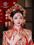 Scarlet Bloom Glory - Red Gold Phoenix Bridal Crown with Forehead Tassel for Luxurious Wedding Headpiece
