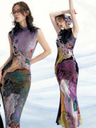 Li Meng 李梦 Plum Dream New Chinese Style Tricolor Print Sleeveless Qipao