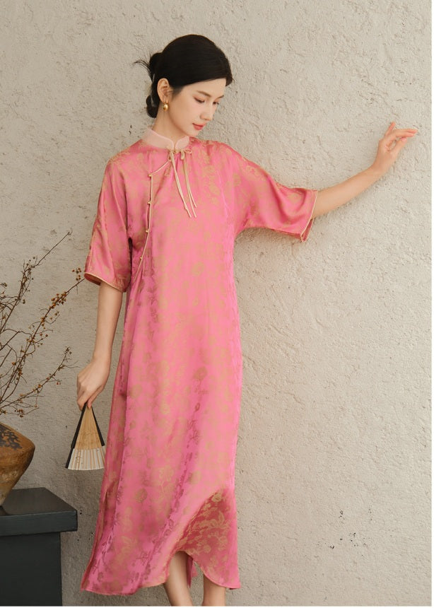 Rose Pink Jacquard Loose Cheongsam Qipao Dress