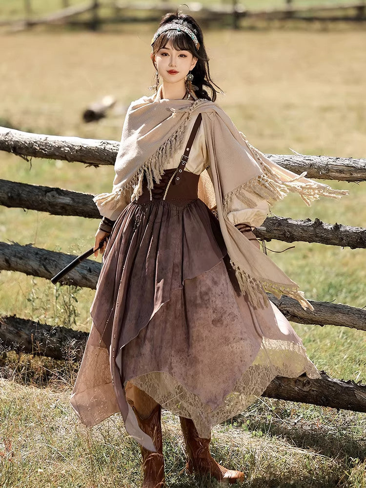 Golden Dunes | Modern Chinese Hanfu Set with Shawl Top and Suspender Dress