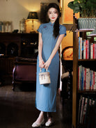 Short Sleeve Long Cheongsam | Peacock Blue