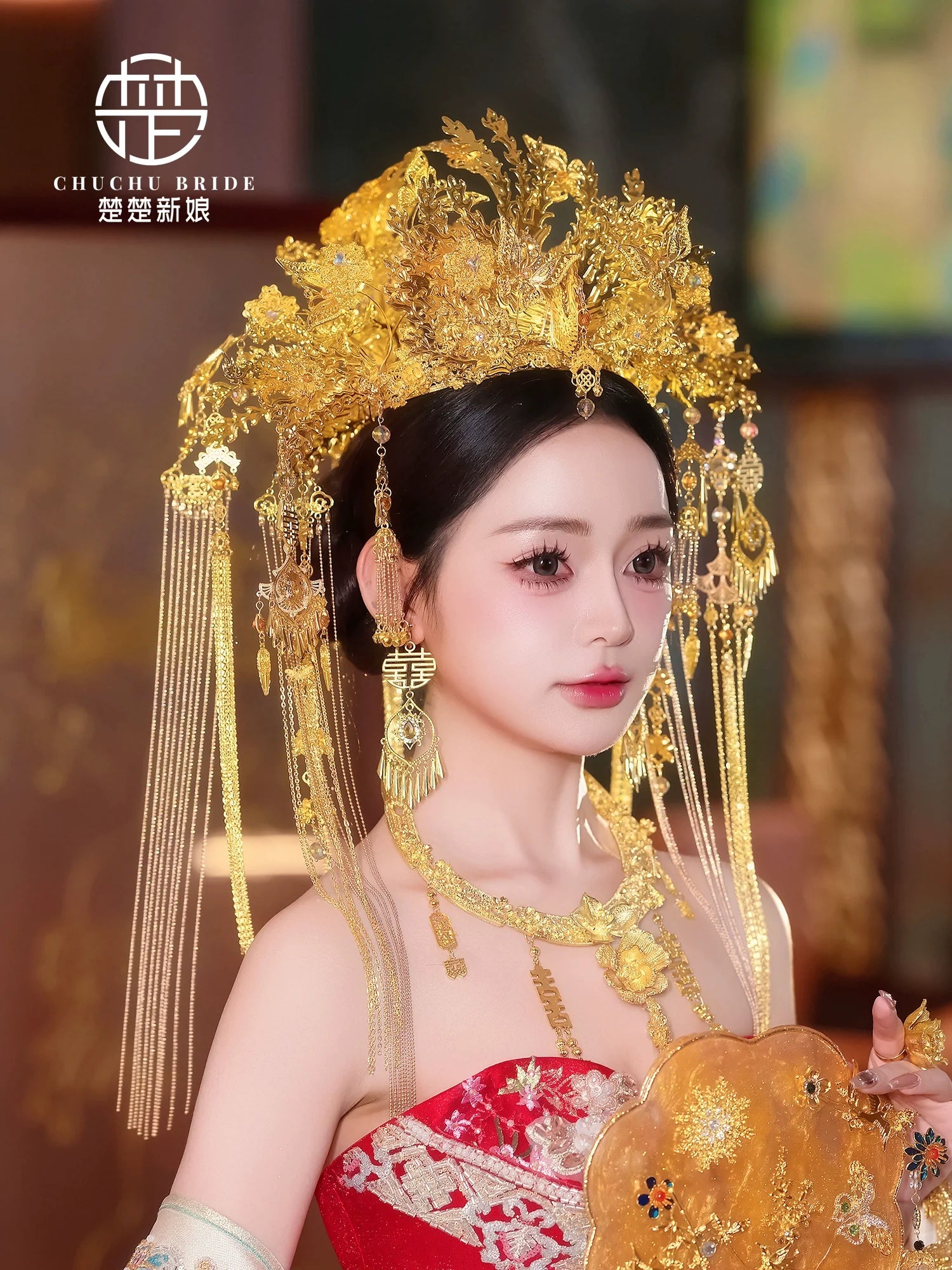 Champagne Empress - Luxurious Gold Phoenix Bridal Crown Full Headpiece for Hanfu Wedding Outfit