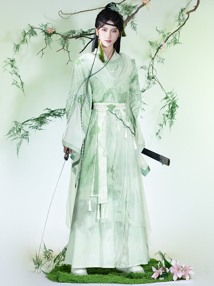 Fuyun 扶筠 - Round-Collar Embroidered Green Wide-Sleeve Xianxia Hanfu Set (Preorder)