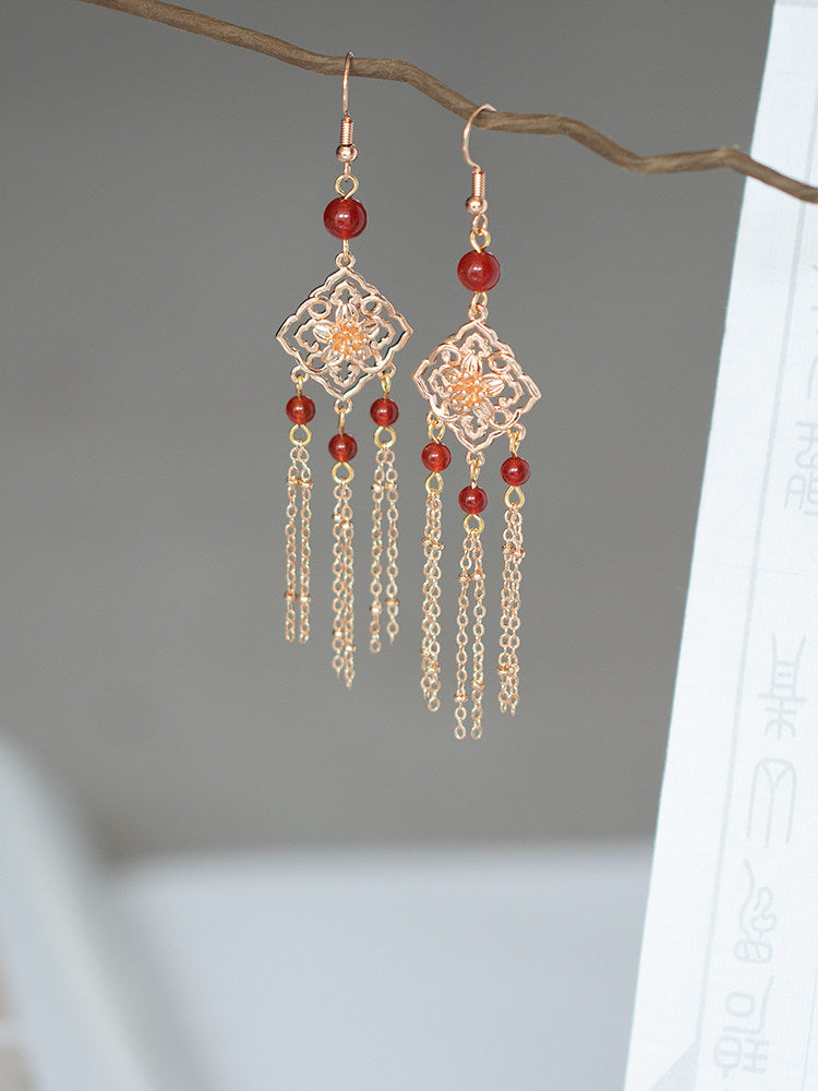 Red Onyx Tassel Antique Earrings | Hanfu Jewelry