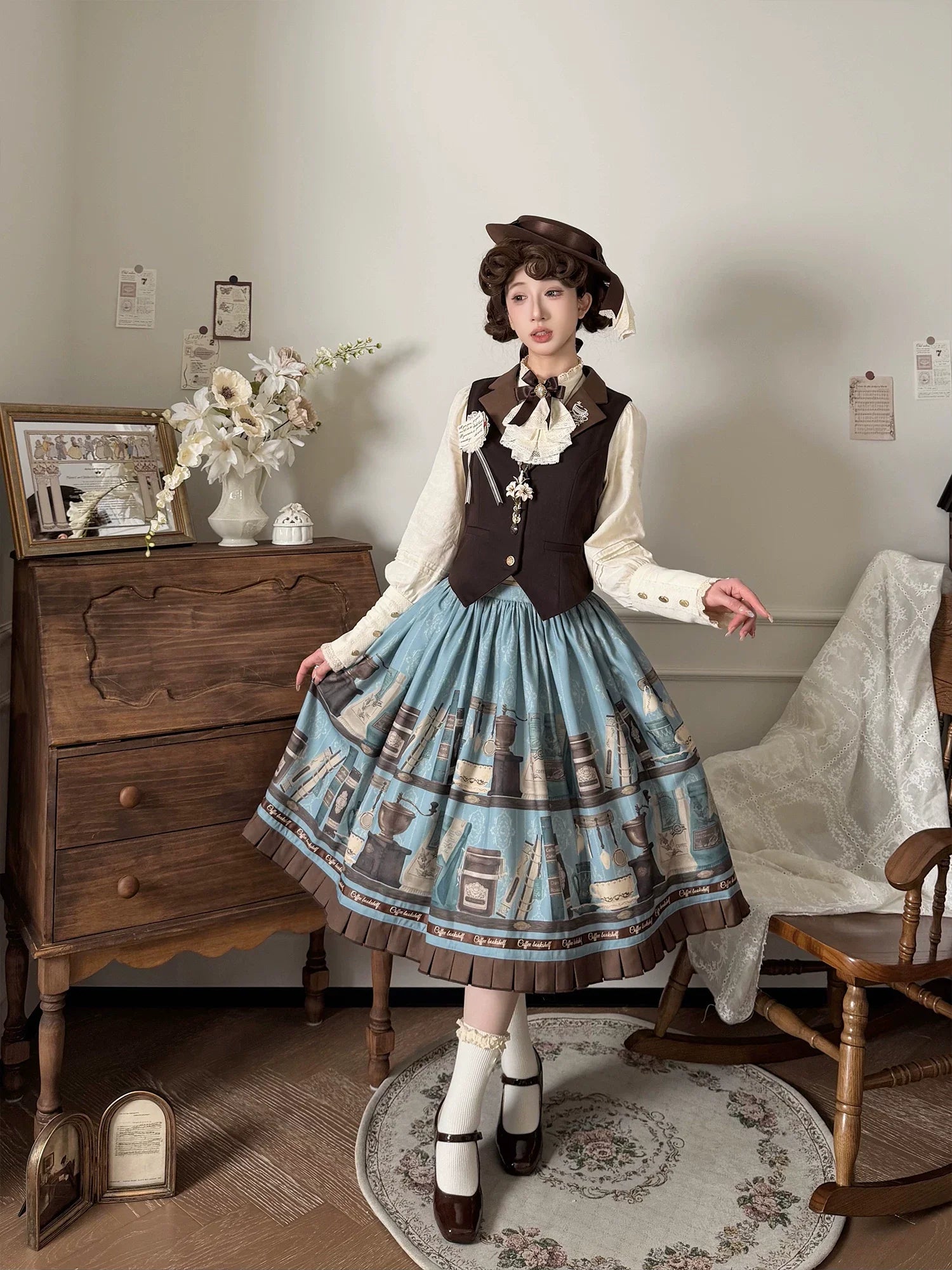 Coffee Bookshelf - Classic Lolita JSK and SK Set, Coffee Cup and Book Print