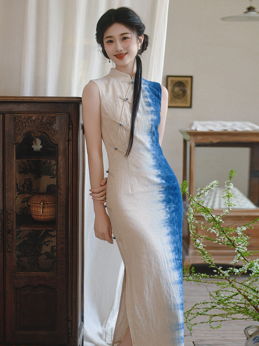 Sleeveless Gradient Dye Long Cheongsam | Sandy