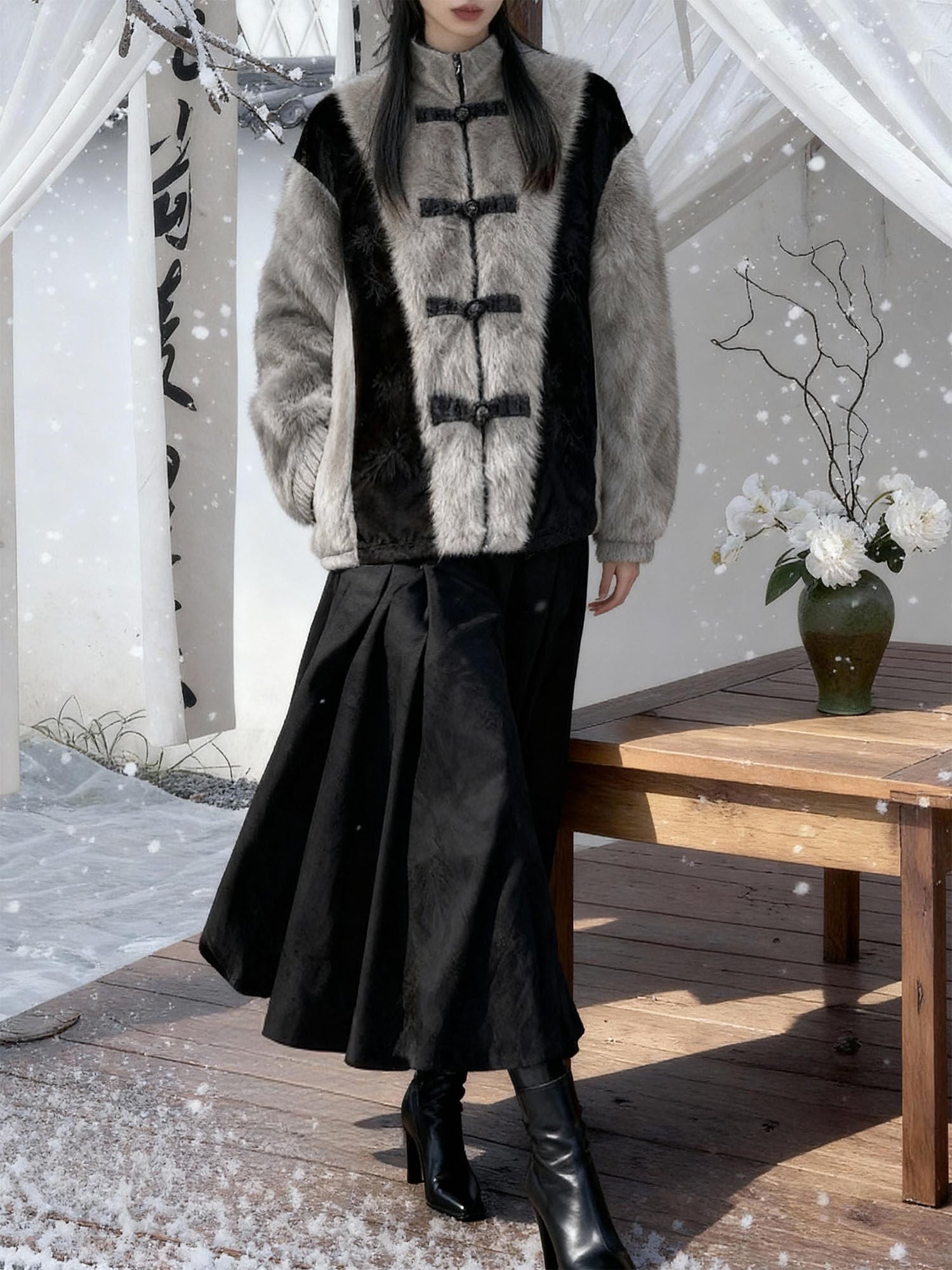 New Chinese Style Faux Rabbit Fur Jacket - Golden Bamboo Leaf 金竹叶 (Preorder)
