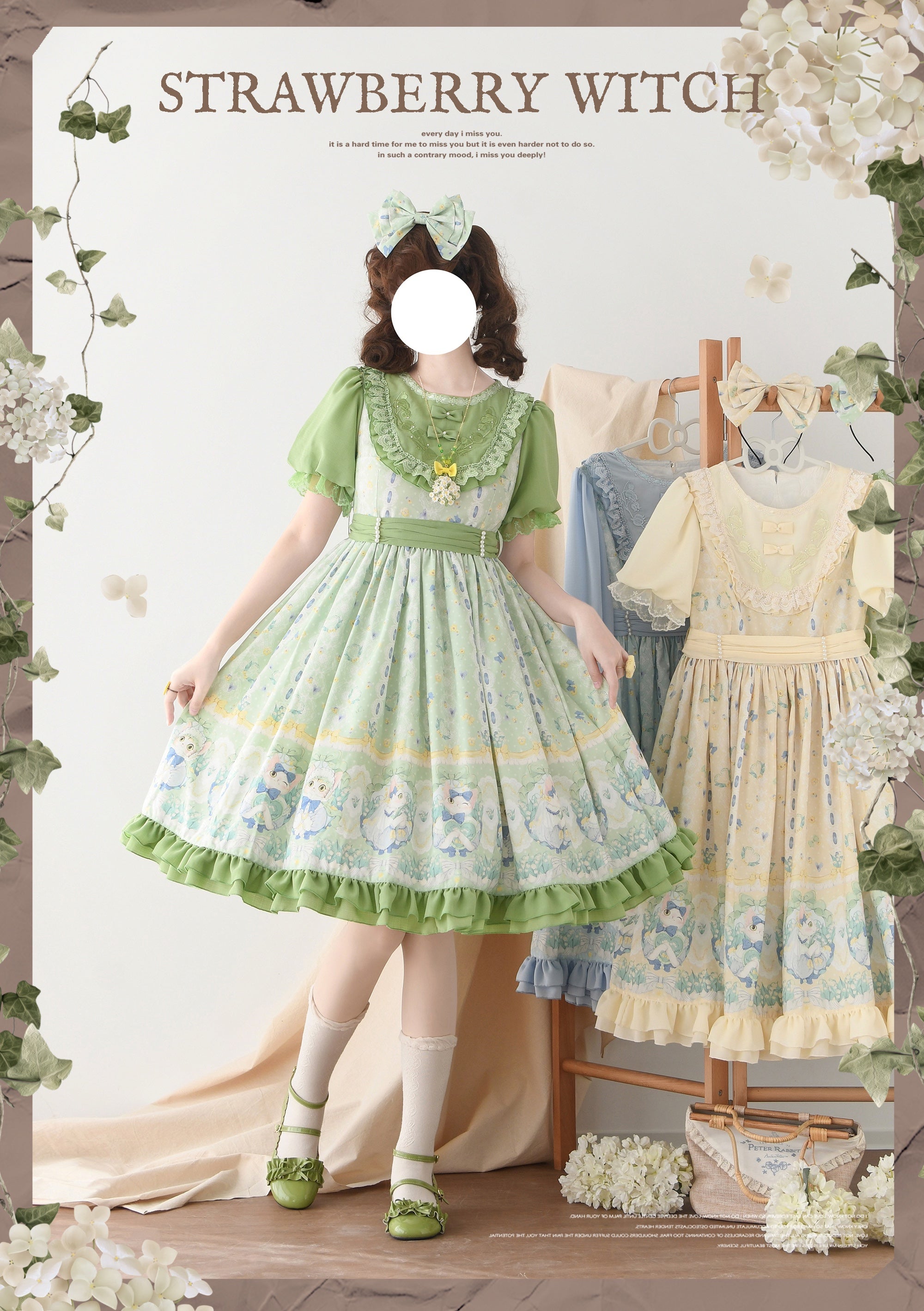 Lily of the Valley Kitten - Country Lolita OP with Embroidery and Cat Print
