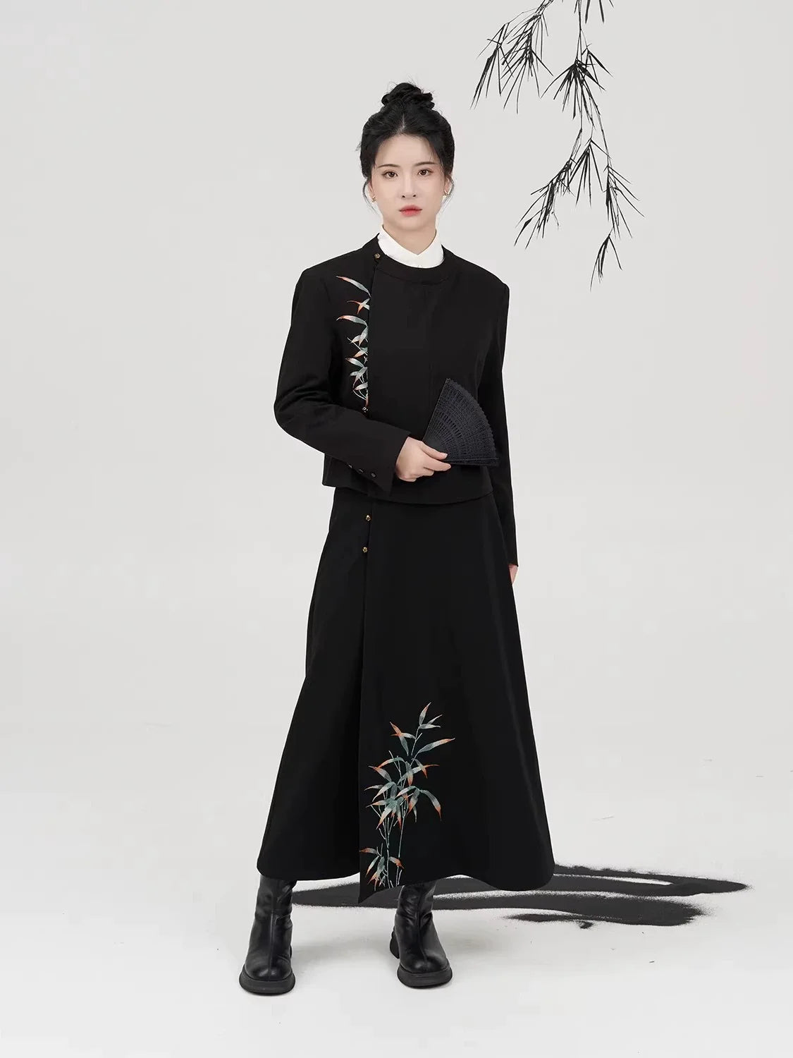 New Chinese Style Round Neck Robe Jacket with A-Line Skirt - Qianshi 谦时 (Preorder)