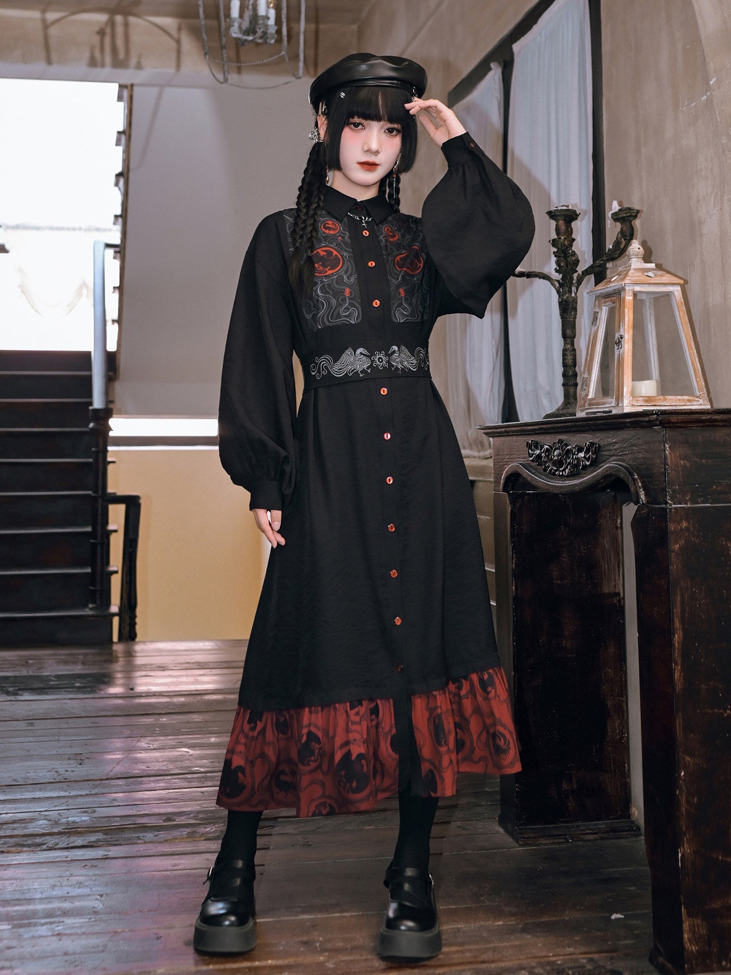 New Chinese Style Printed Dress with Embroidered Waist Seal - Golden Crow 金乌