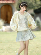 Ming Dynasty Modern Hanfu Hooded Crop Top and Short Mamian Skirt - Morning Garden 清晨花园