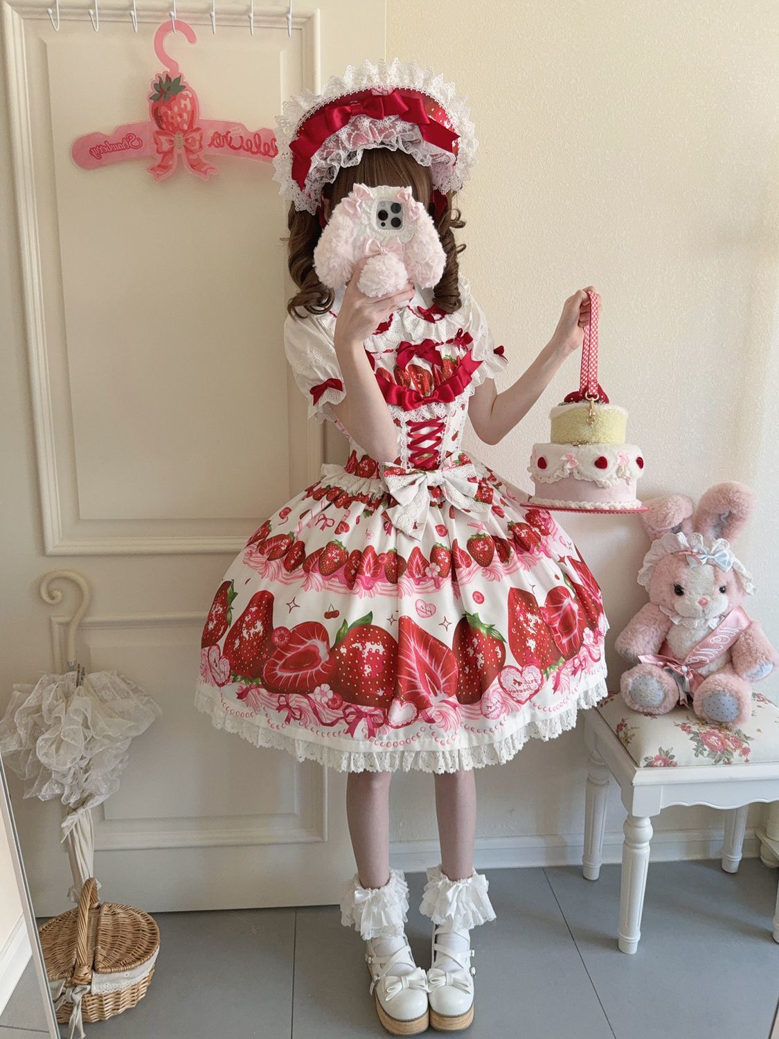 Strawberry Tale - Sweet Lolita JSK Dress, Strawberry and Cream Print