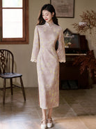 Long Sleeve Lace Trim Long Cheongsam | Clear Tea