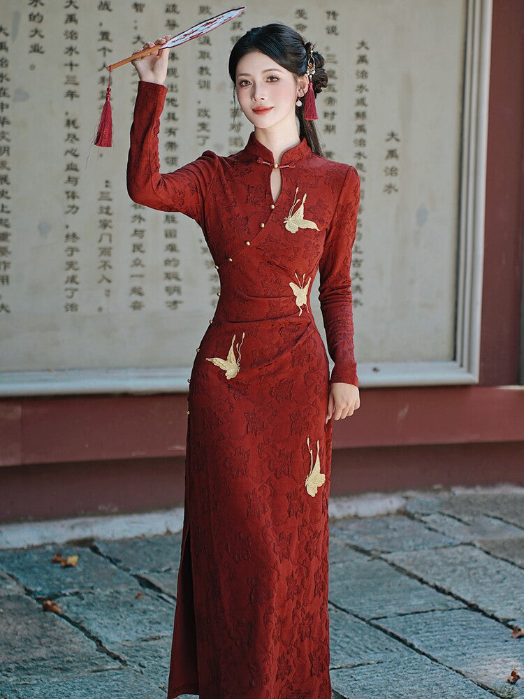Chinese Wedding Engagement & Tea Ceremony Long Sleeve Cheongsam | Juliet