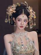 Champagne Bridal Hair Accessories Exquisite Forehead Pendant Headpiece for Chinese Wedding Xiuhe and Hanfu Bride