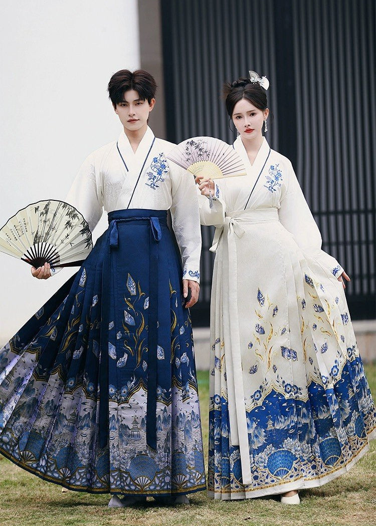 Blue & White Ode | Plus Embroidered Ma Mian Skirt Set (青花赋)