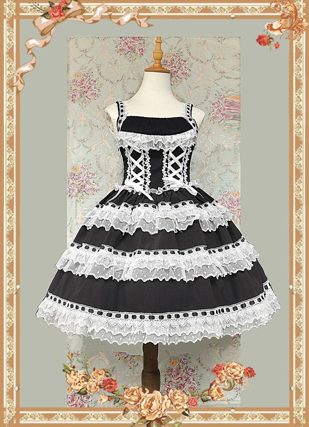 Mirror Doll - Old School Lolita Tiered Hem JSK with Polka Dot Lace