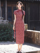 Short Sleeve Argyle Patterned Midi Cheongsam | Burgundy