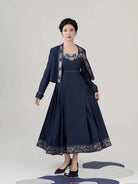New Chinese Style Women Peony Embroidered Silver Woven Outer Jacket & Mamian Slip Dress - Yinlin 银霖 (Preorder)