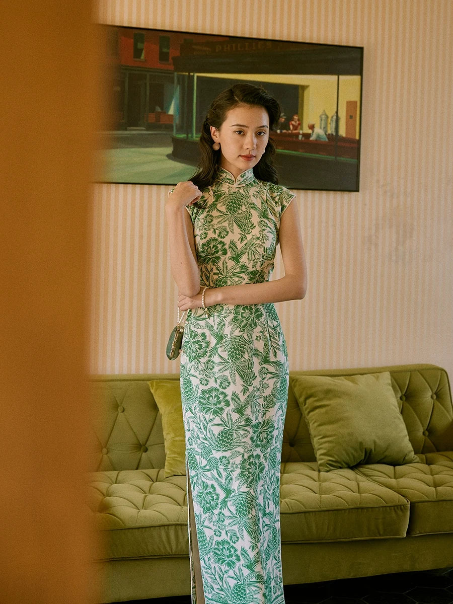 Nan Yang 南洋 Southern Borders 1950s Jungle Print Cap Sleeve Daily Qipao
