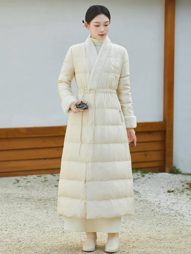 Han Shunning 寒霜吟 - Chinese Style Women Long Winter Coat, 90% White Duck Down, Lightweight Warm Hanfu Outerwear