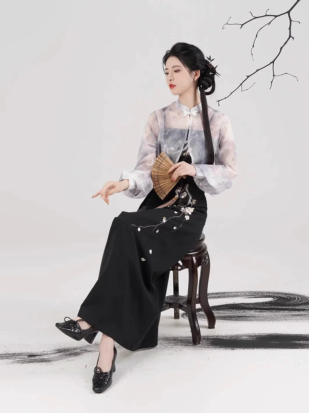 Song Dynasty Modern Hanfu Set with Spiral Skirt - Night Plum Window 暗梅窗夜 (Preorder)