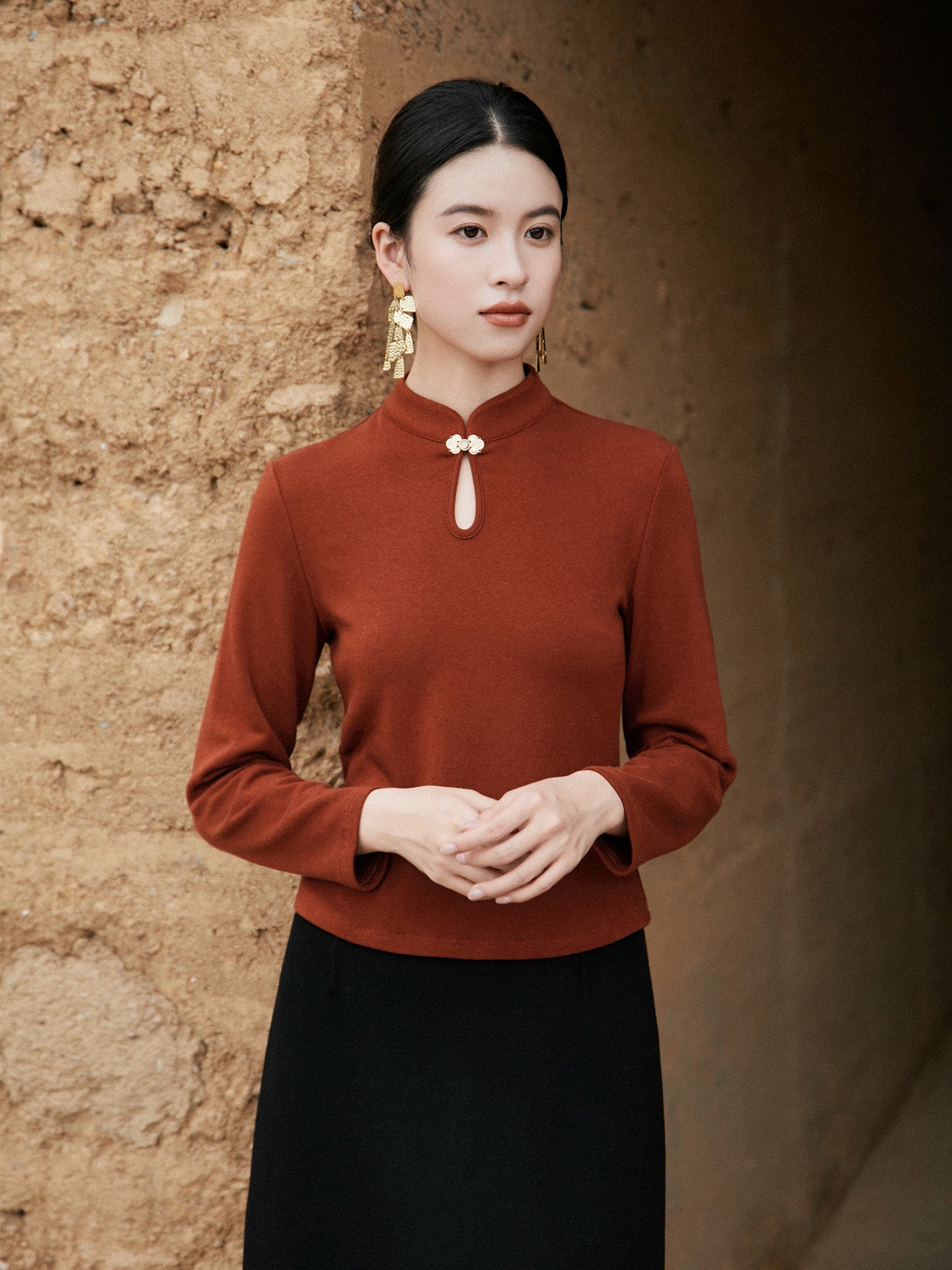 New Chinese Style Knitted Top in Brown - Wind Bamboo