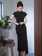 Short Sleeve Floral Long Cheongsam | Obsidian