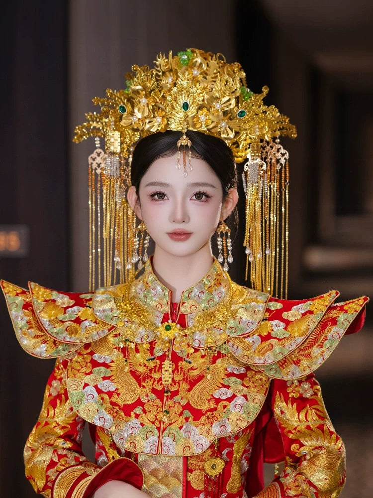 Starlit Phoenix Crown - Gold Bridal Headpiece Chinese Wedding Hair Accessories with Forehead Pendant