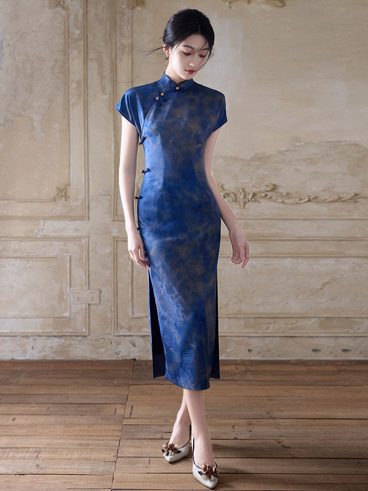 Short Sleeve Midi Cheongsam | Sapphire