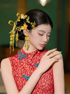 Double Happiness - Chinese Wedding Hair Accessory Set Golden Butterfly Tassel Hairpins for Xiuhe and Qipao Bride