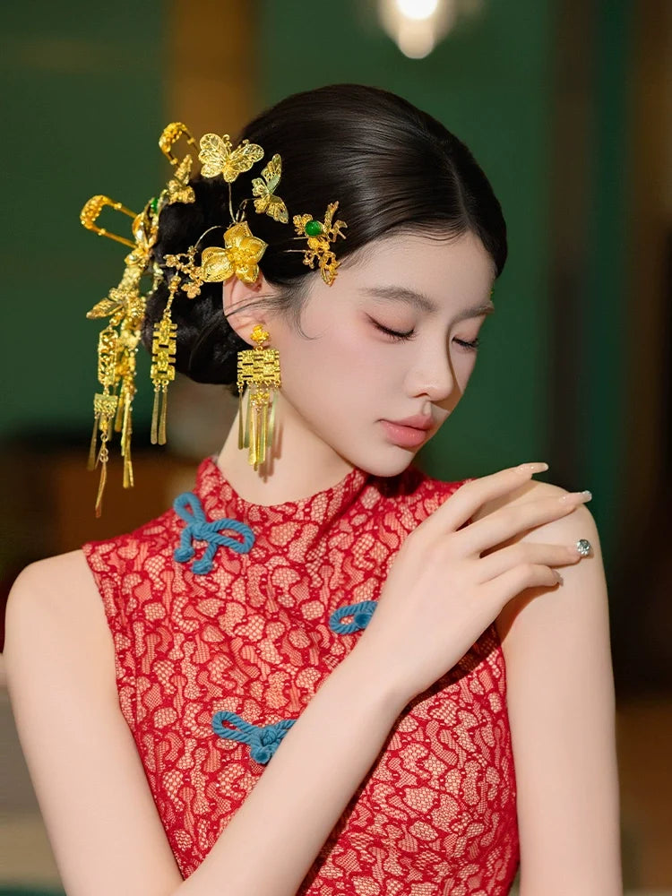 Double Happiness - Chinese Wedding Hair Accessory Set Golden Butterfly Tassel Hairpins for Xiuhe and Qipao Bride