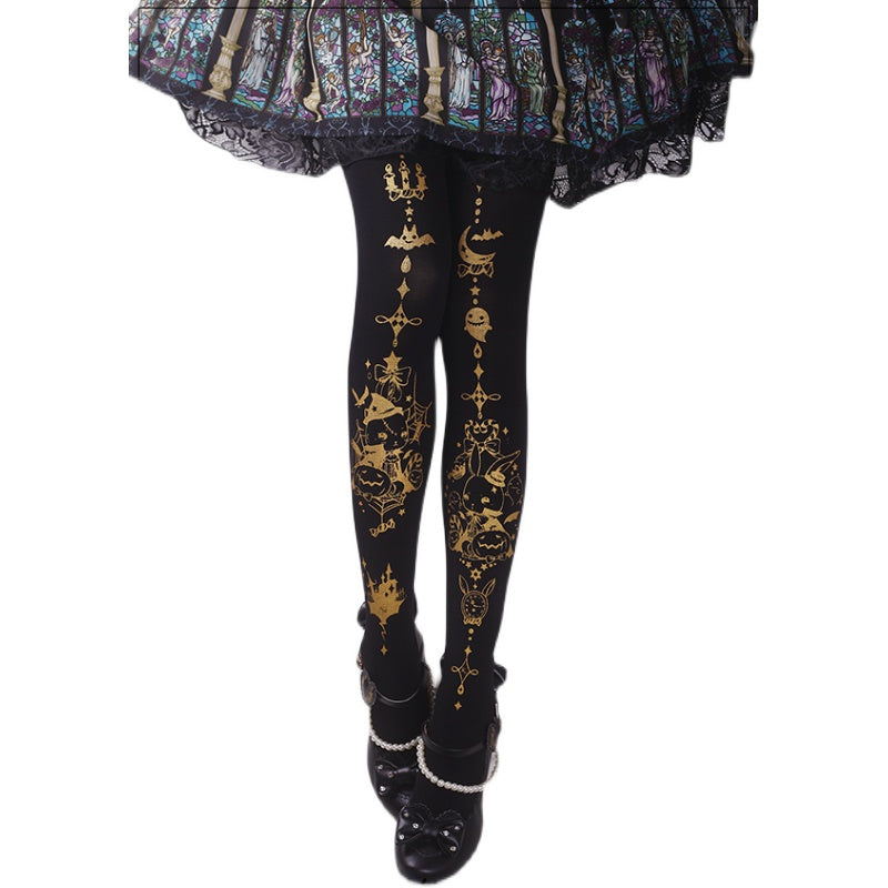 Halloween Gothic Lolita Rabbit and Pumpkin Print Pantyhose