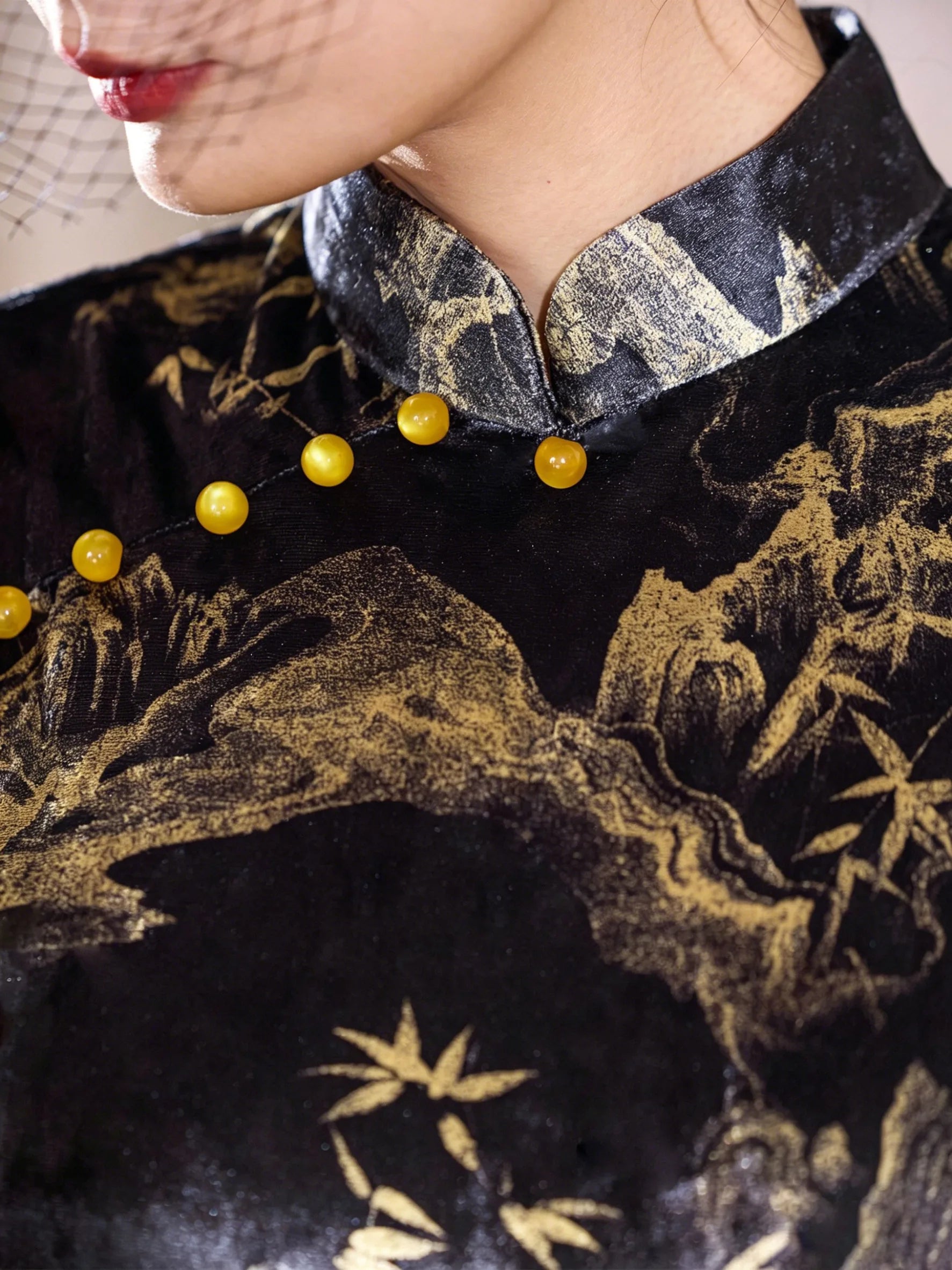 Old Shanghai Qipao black vintage Chinese dress with gold landscape pattern and mandarin collar