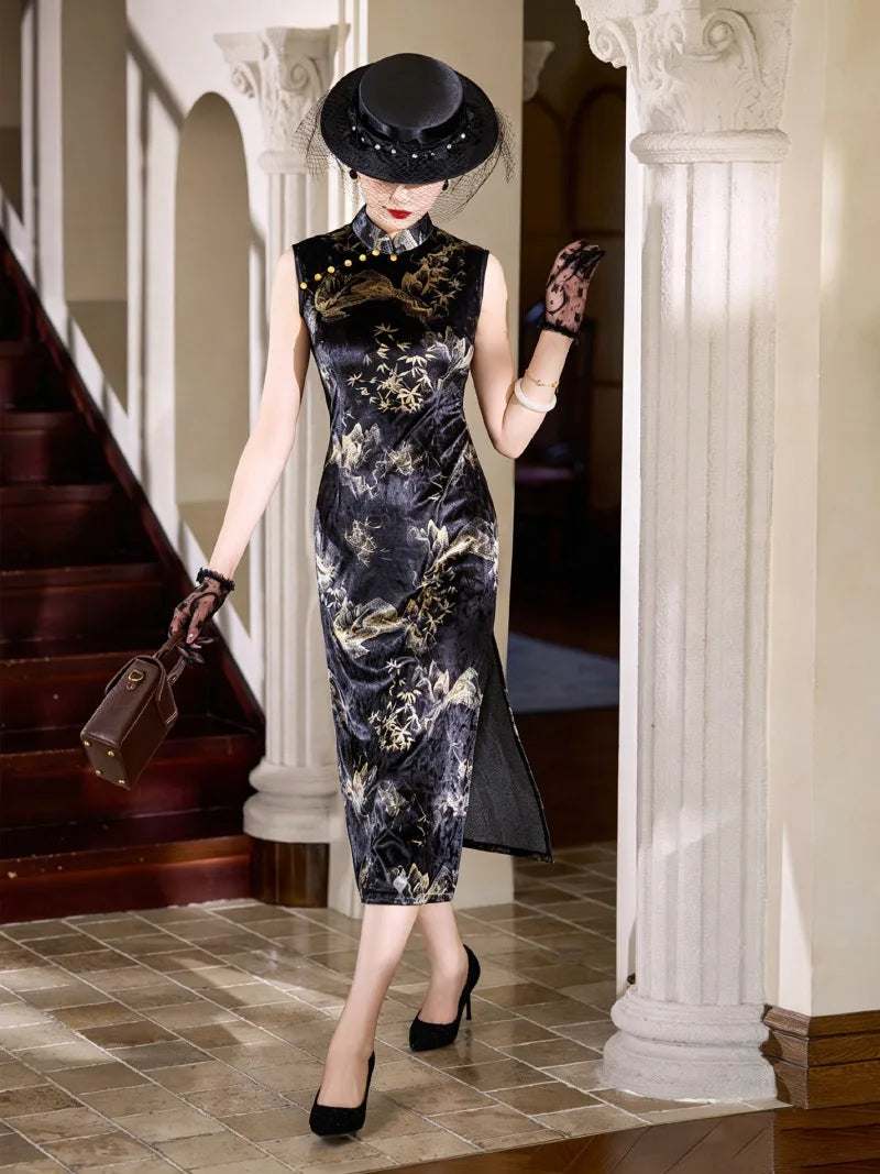 Old Shanghai Qipao black vintage Chinese dress with gold landscape pattern and mandarin collar